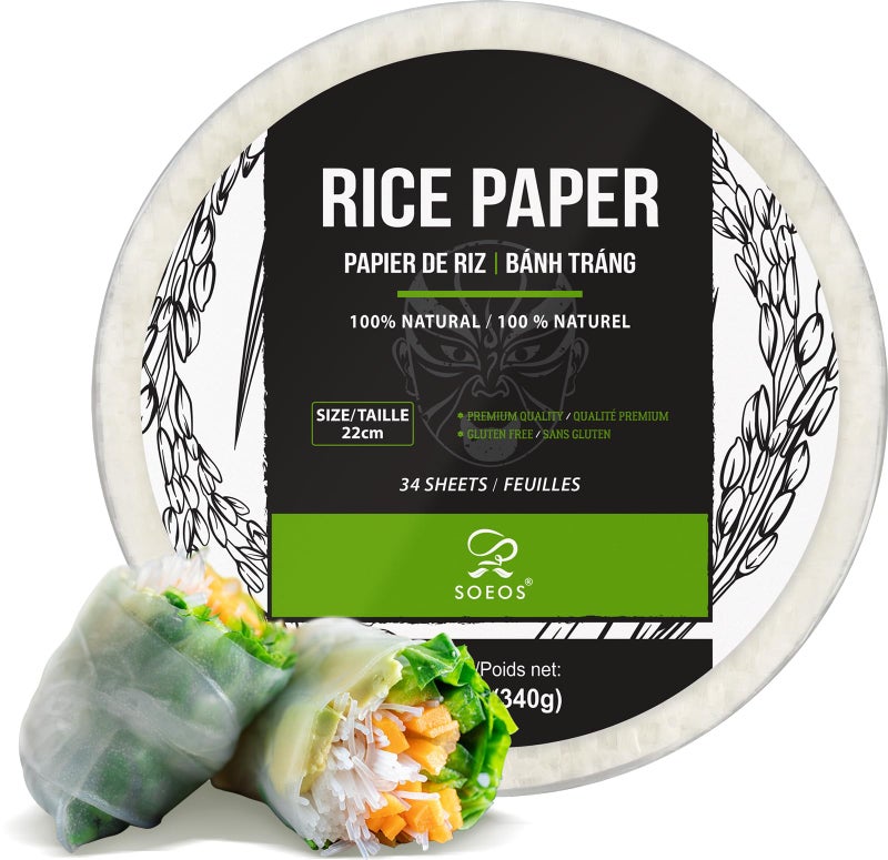 Soeos Rice Paper, White Rice Paper Wrappers, 1 Pack, 34 Sheets-Fresh Spring Roll Wrappers & Dumplings, Non-GMO, Gluten-Free, Low Carb, Vietnamese Rice Wraps (Round, 22cm) - Image 1